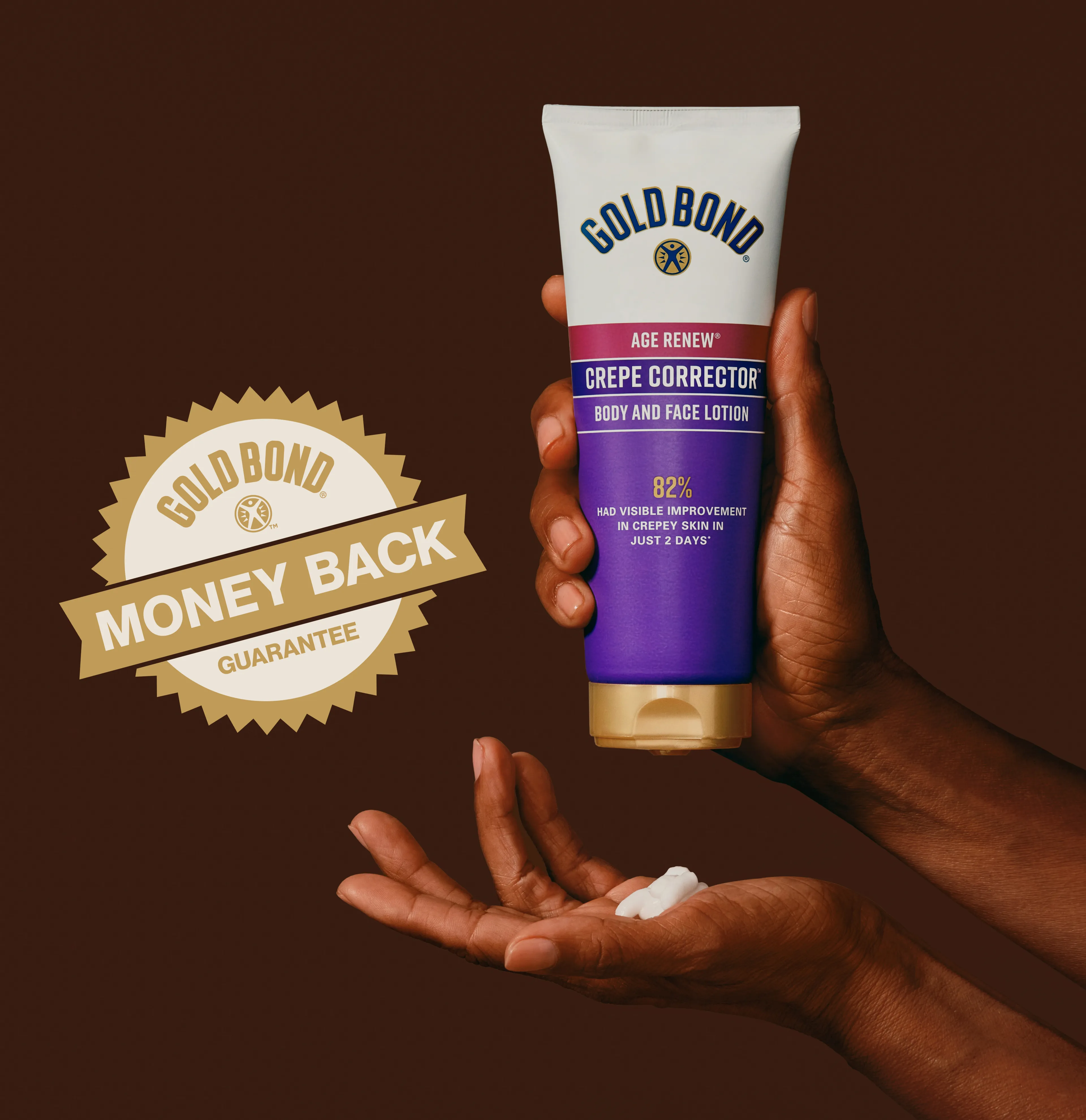 A hand squeezing Gold Bond Age Renew Crepe Corrector Body Lotion, with visible white cream on the other hand. The interior left side features a seal reading 'Gold Bond Money Back Guarantee